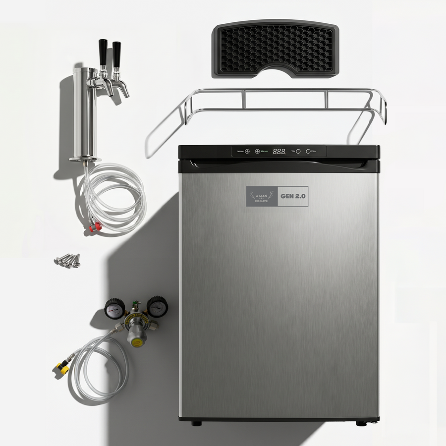 GEN 2.0 Kegerator Double Tap bundle, fridge plus tap font, drip tray, top rail, CO2 regulator and lines