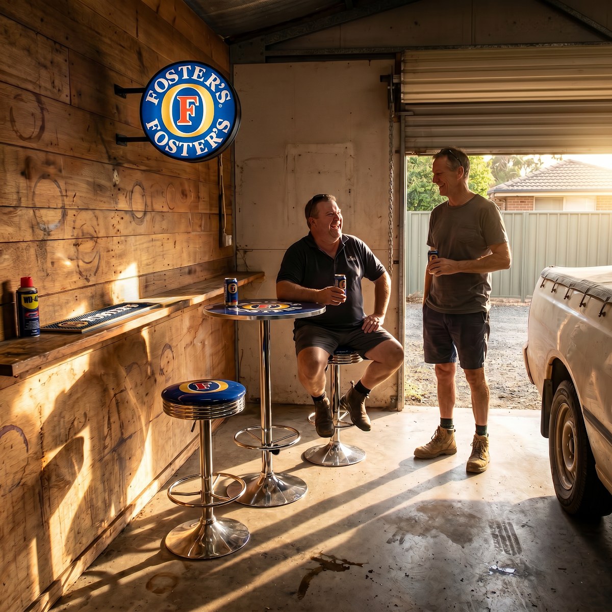 Foster's bar setup in an Australian garage