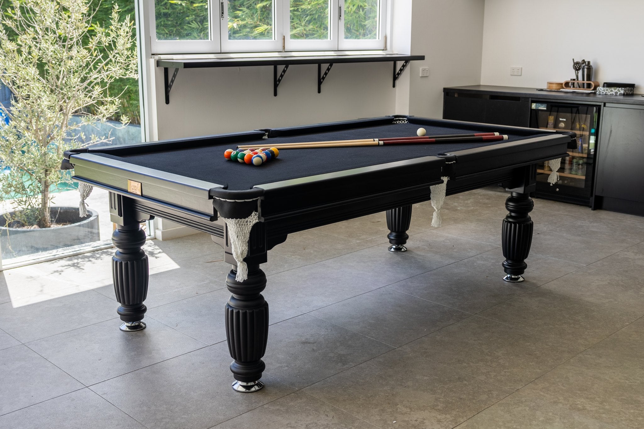 Solid Oak 7ft Slate Pool Table - Black Frame/Black Felt