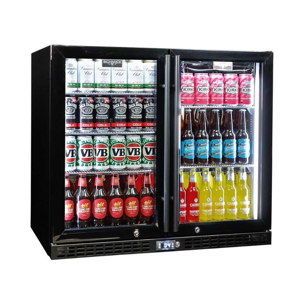 Schmick Twin Door Quiet Running Black Triple Glazed Glass Door Bar Fridge Model SK206-B - Low Height