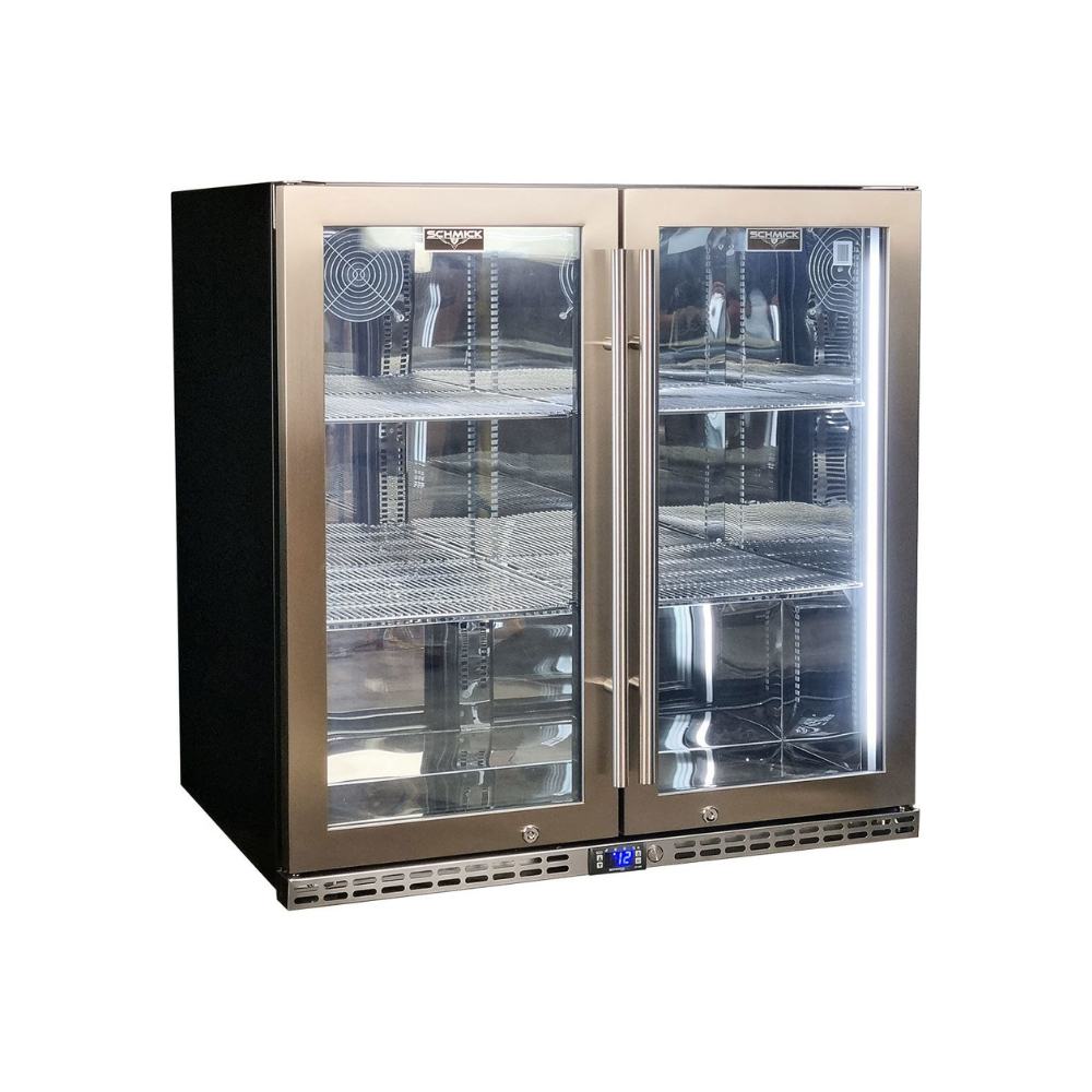 Schmick Quiet Running Front Venting Under Bench Heated Glass 2 Door Bar Fridge Model SK245-HD