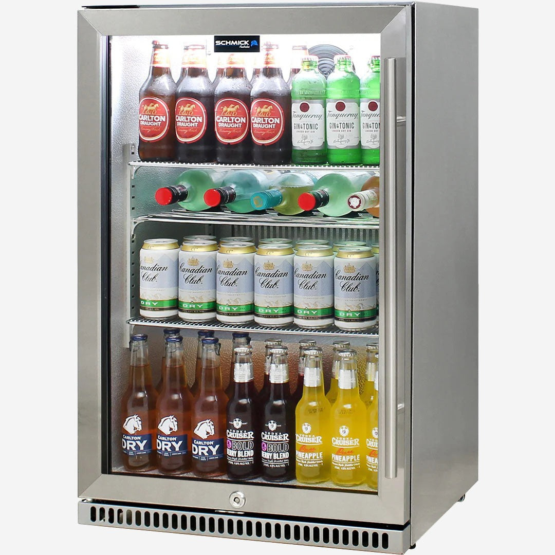 Schmick 304 Stainless Steel Bar Fridge Tropical Rated With Heated Glass and Triple Glazing Model SK118L-SS