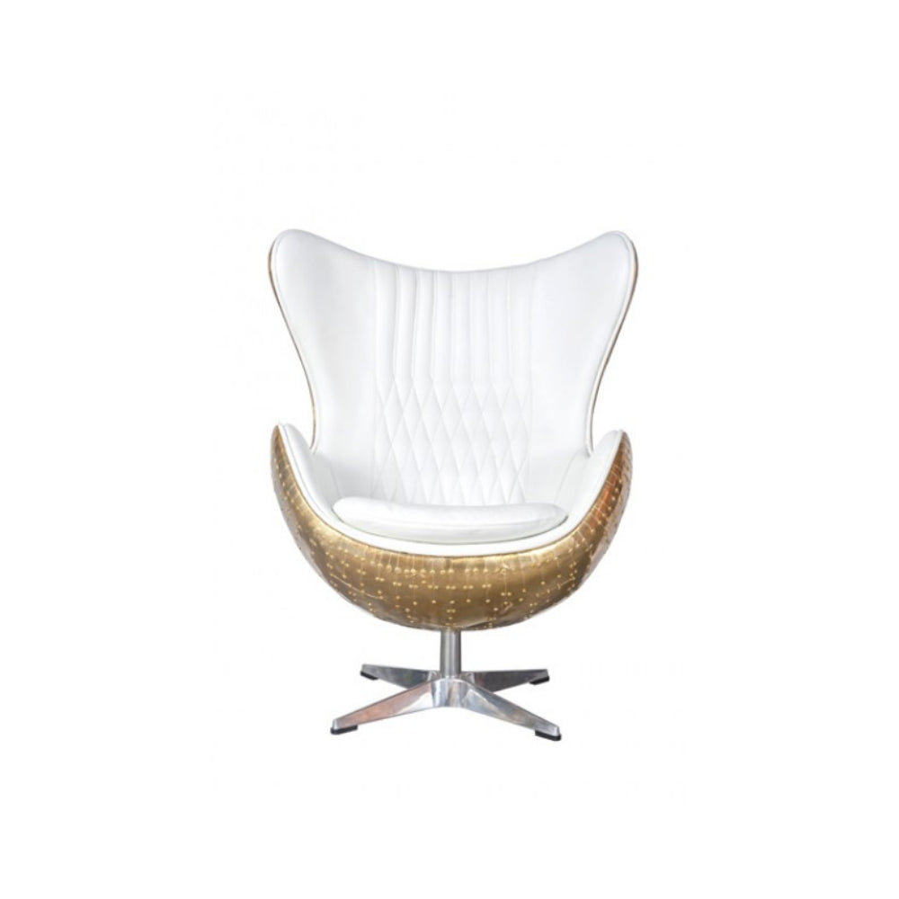 Admiral White Leather and Polished Brass Egg Chair