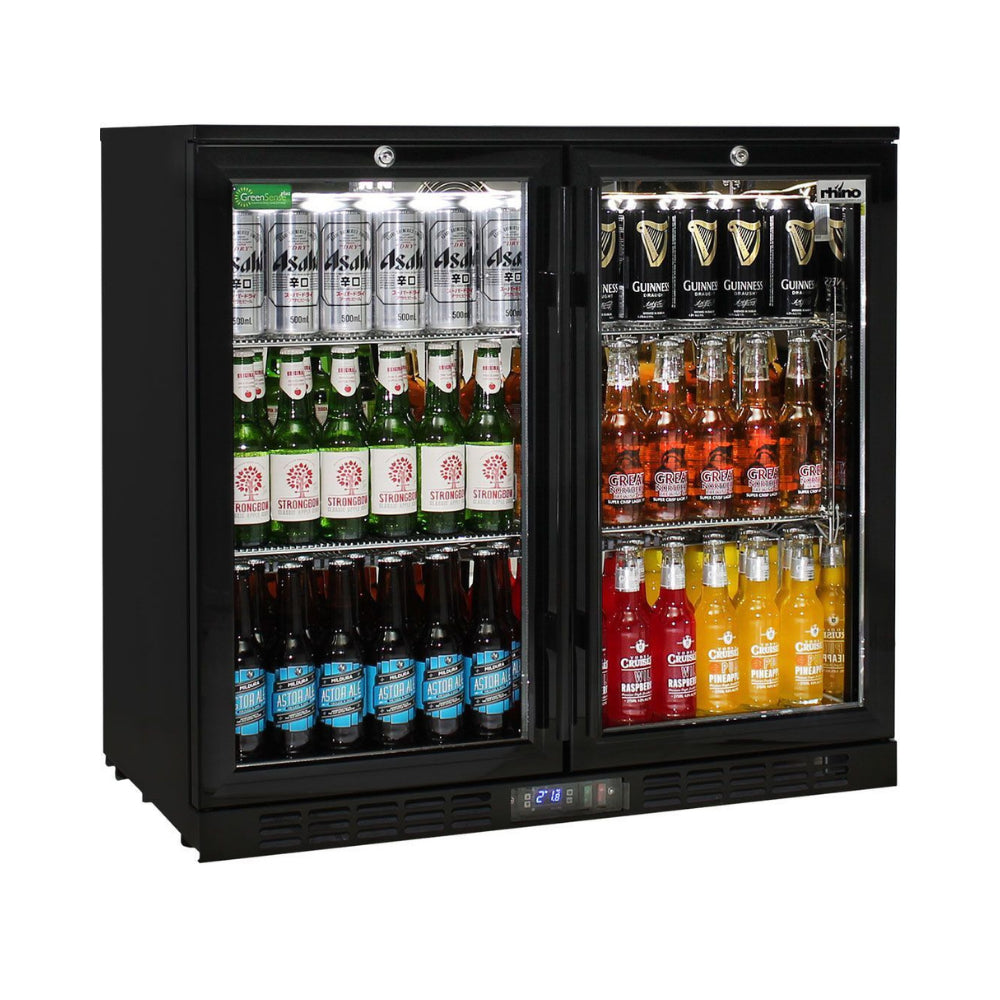 Commercial Under Bench Black Glass Double Door Bar Fridge Energy Efficient