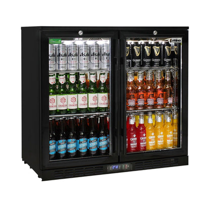 Commercial Under Bench Black Glass Double Door Bar Fridge Energy Efficient