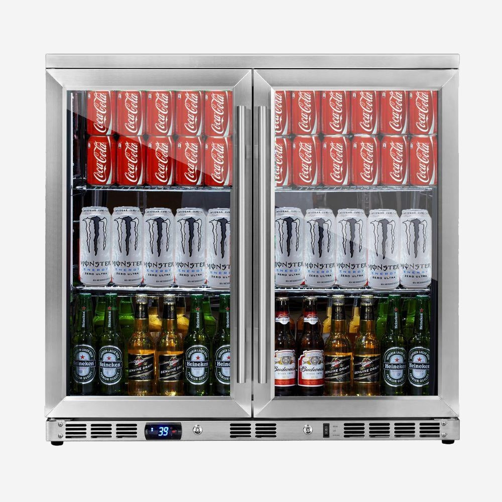 Heating Glass 2-Door Full Stainless Under Bench Beverage Fridge. Indoor or Outdoor 2-Year Warranty(Free)