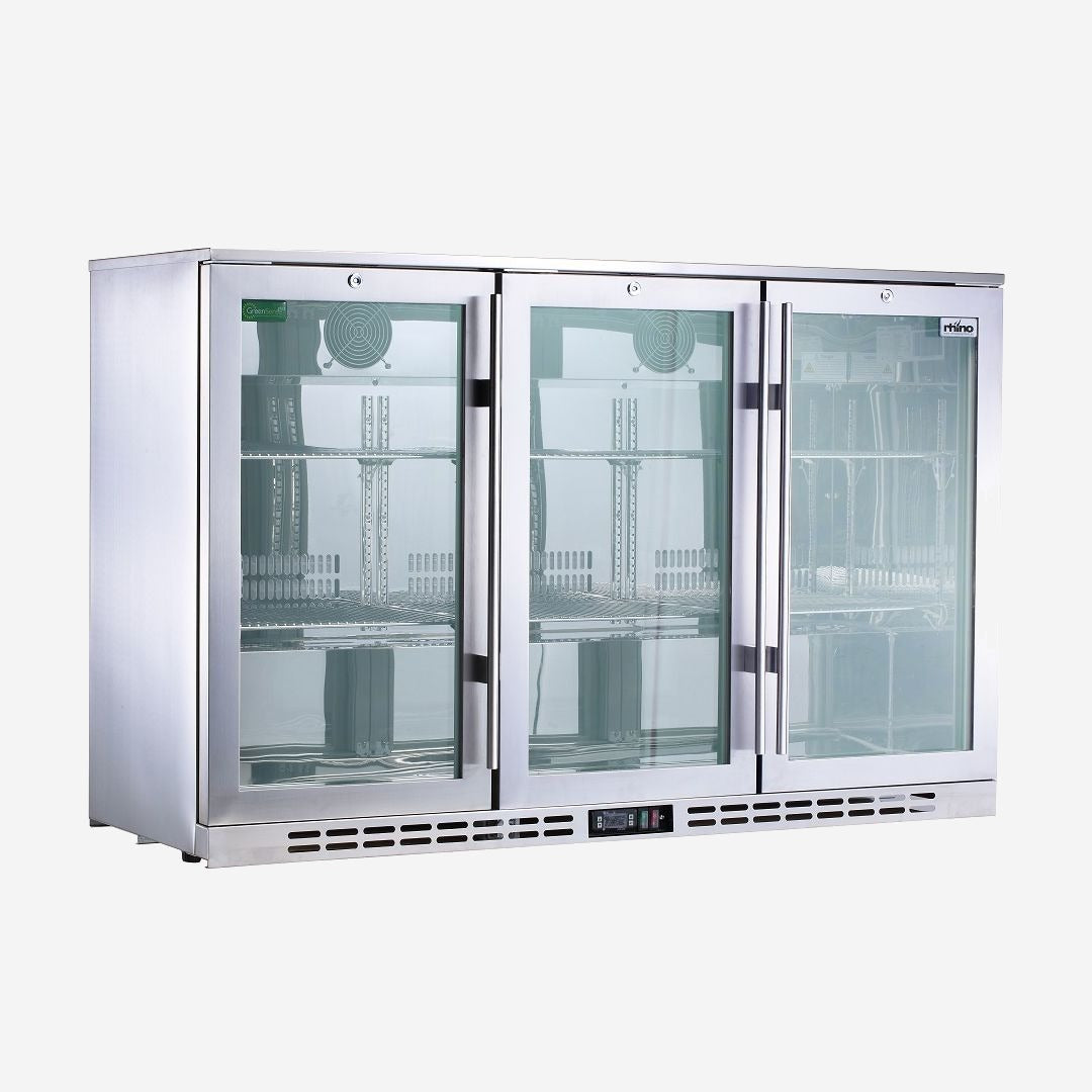 Rhino Stainless Steel 3 Door Heated Glass Bar Fridge Model SG3H-HD