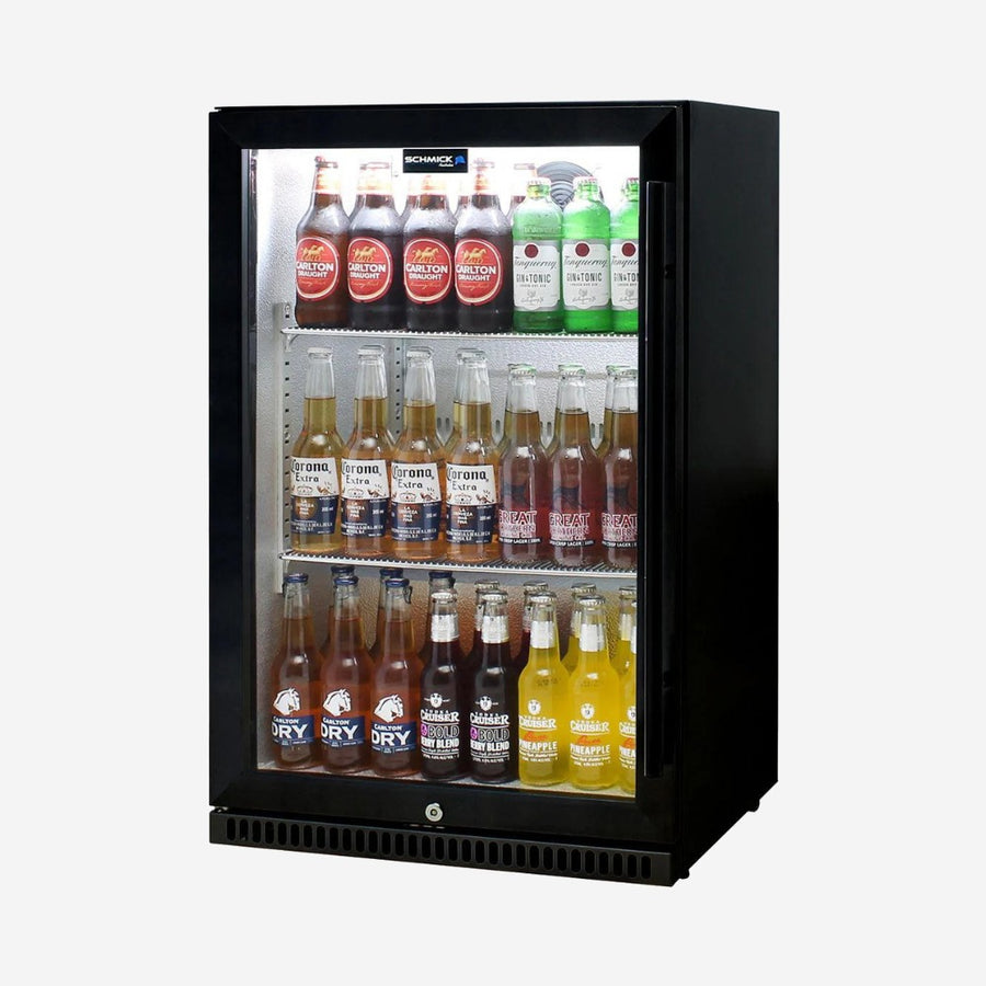 Schmick Black Bar Fridge Tropical Rated With Heated Glass and Triple Glazing 1 Door Model SK118L-B