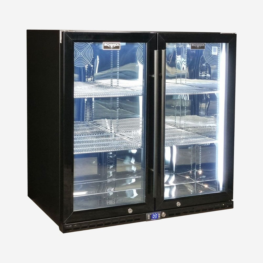 Schmick Black Quiet Running Front Venting Under Bench Heated Glass 2 Door Bar Fridge Model SK245-B-HD