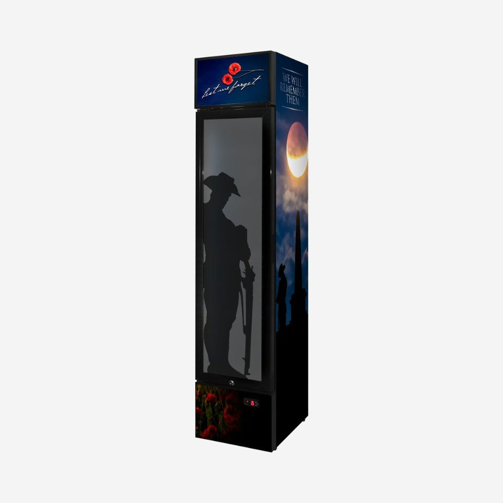 Skinny Upright Bar Fridge With Lest We Forget Design SS-P160FA-LWF2