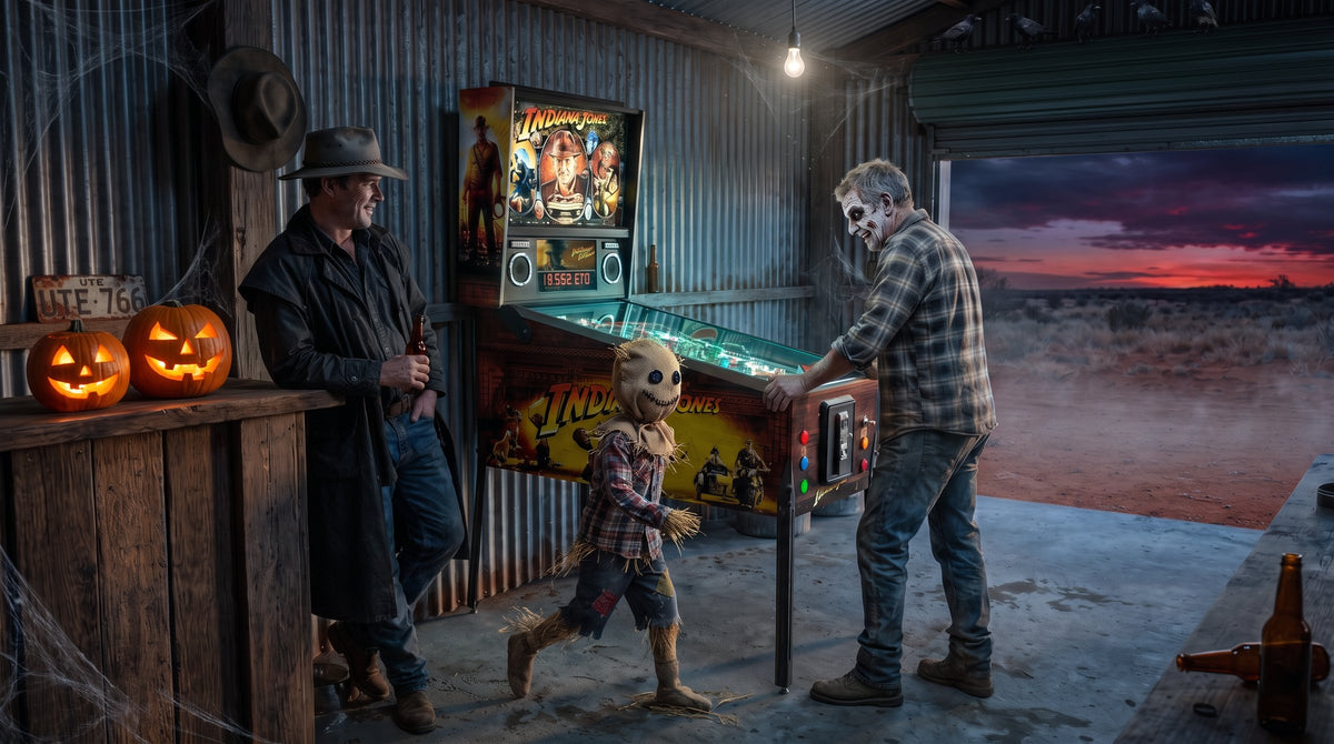 Halloween characters around a pinball machine in an outback shed at dusk