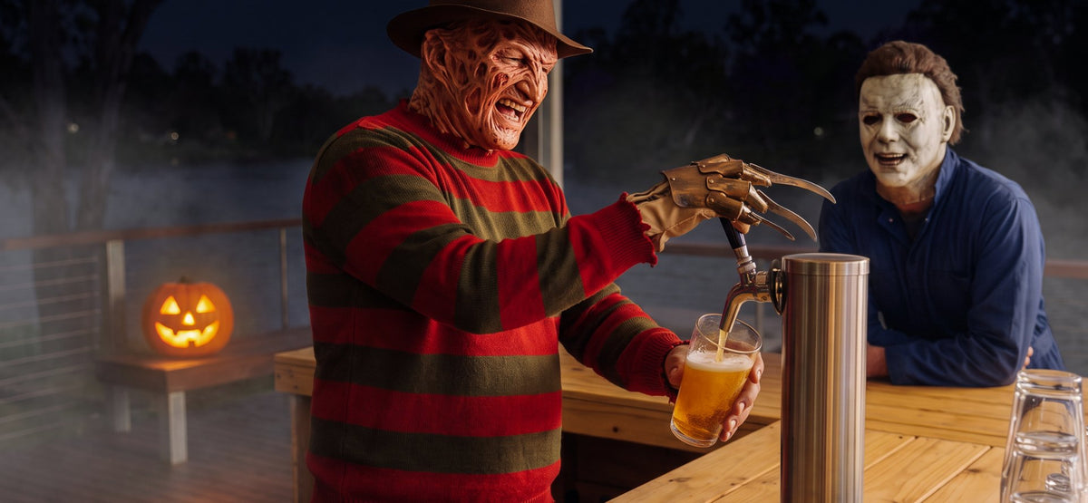 Pouring a beer from a kegerator tap on a deck on Halloween night