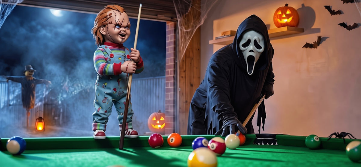 Halloween characters playing pool in a garage games room
