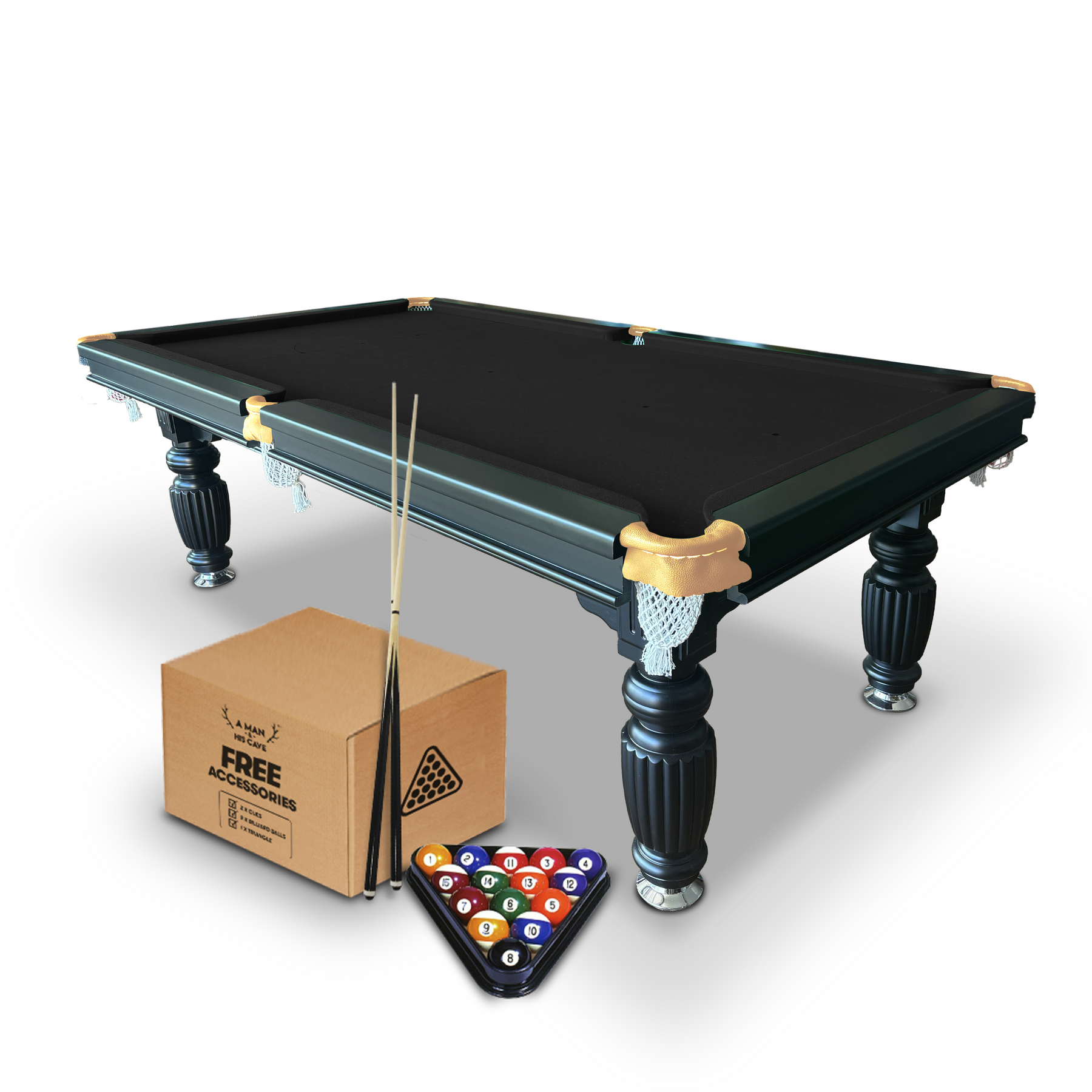 Solid Oak 7ft Slate Pool Table - Black Frame/Black Felt