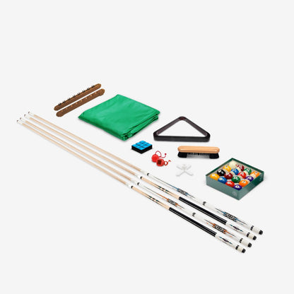 Premium Pool Table Accessory Kit: four cues, cover, cue rack, ball set, triangle, brush, chalk, chalk holders and X rest