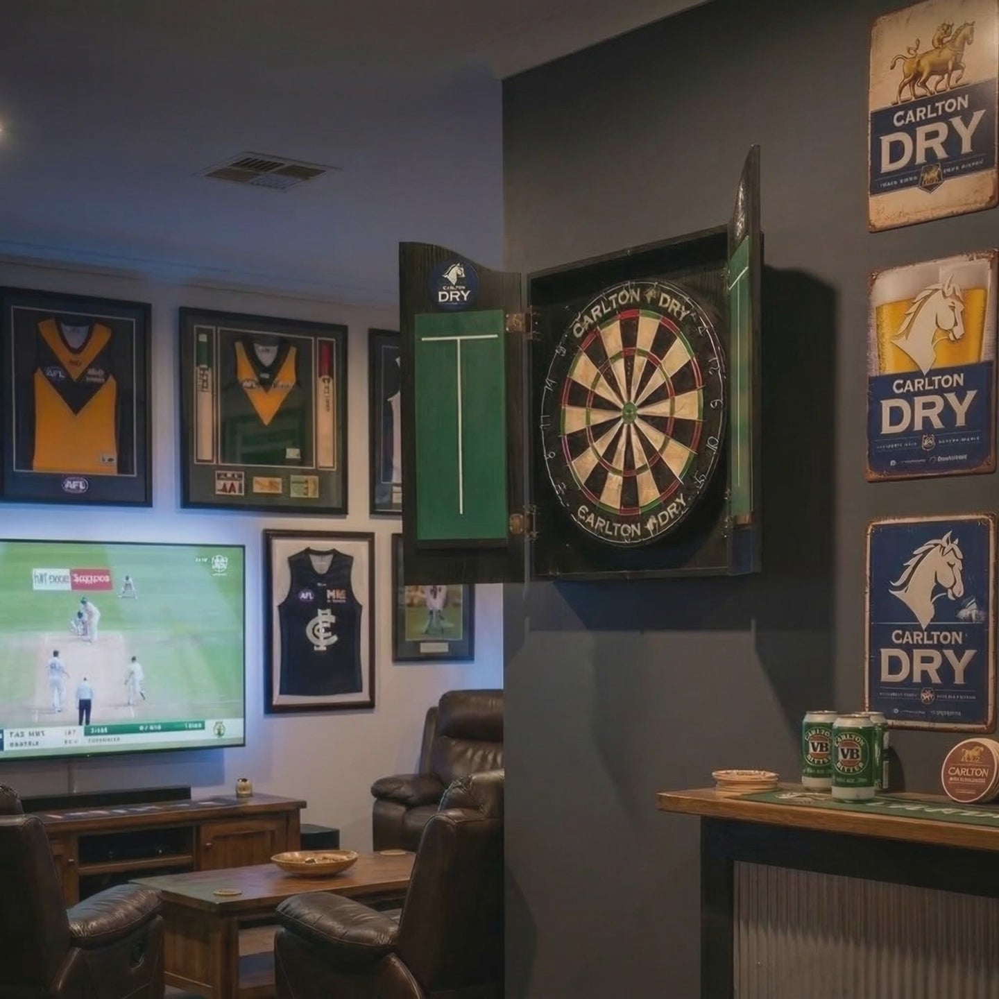 Carlton Dry Branded Dartboard with Cabinet (SHIPS IN 8 WEEKS)
