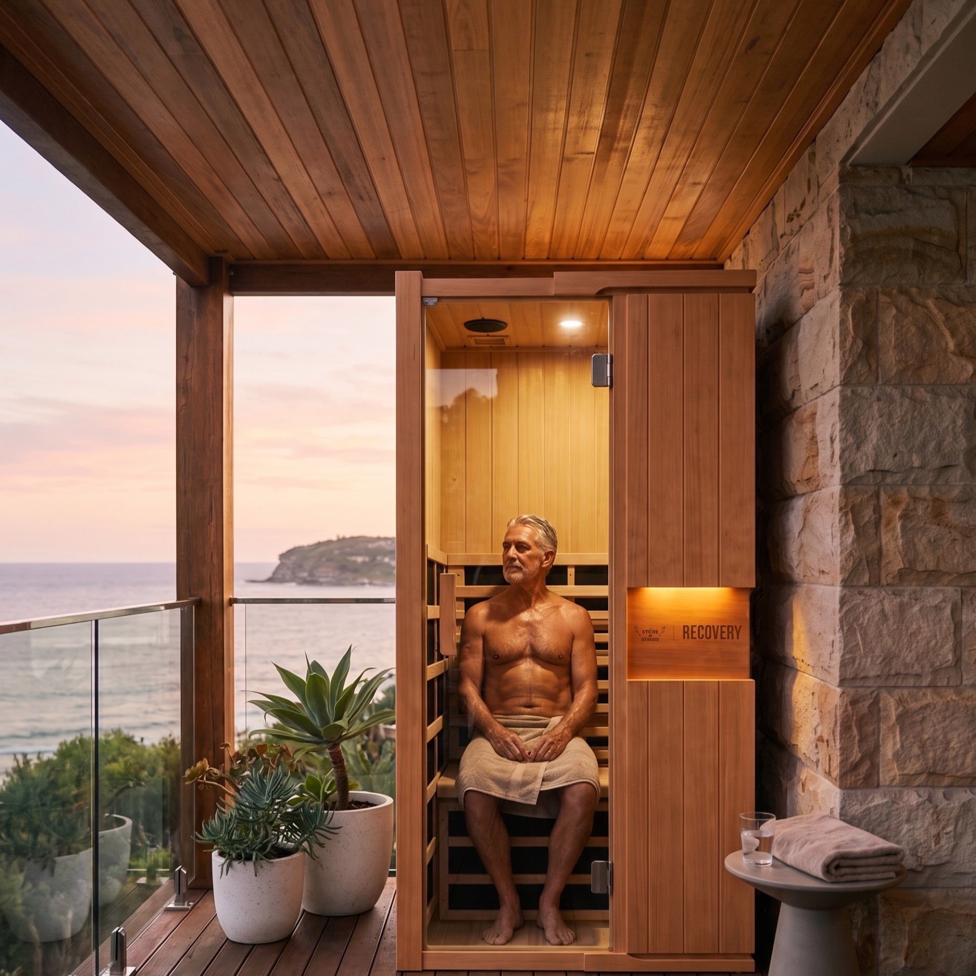 RECOVERY 1-Person Infrared Sauna on a coastal balcony