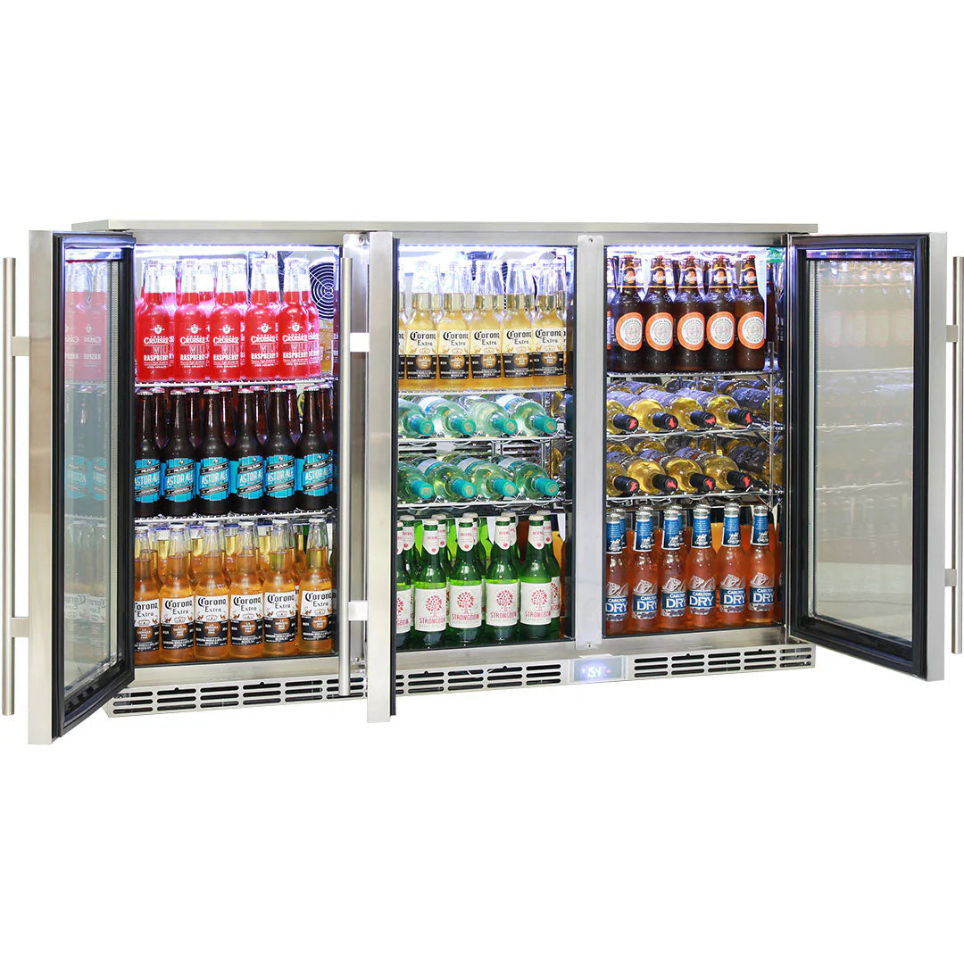 Rhino Glass 3 Door Alfresco Outdoor Bar Fridge All Stainless Energy Efficient Alfresco 330L