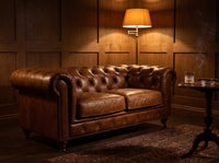 Winston Two Seat Classic Vintage Leather Chesterfield Lounge - Camel Brown