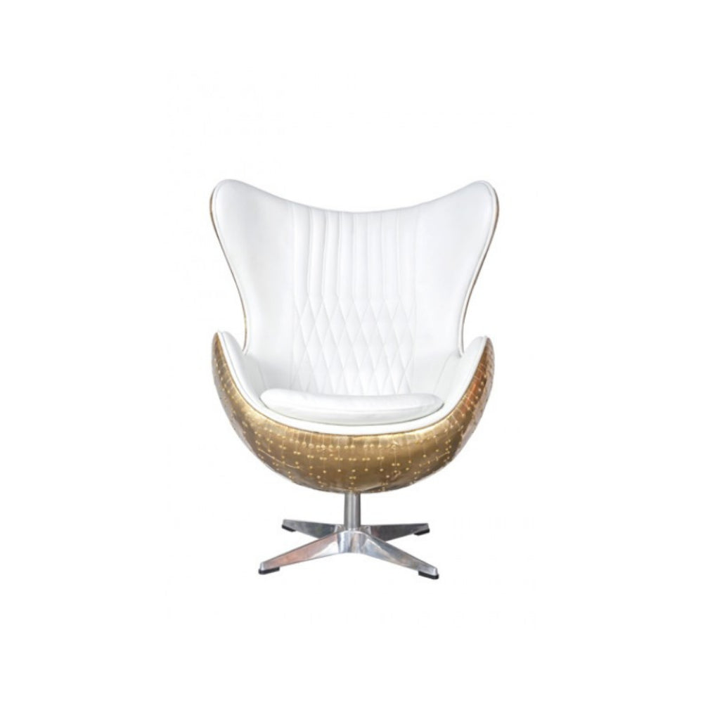 Admiral White Leather And Polished Brass Egg Chair