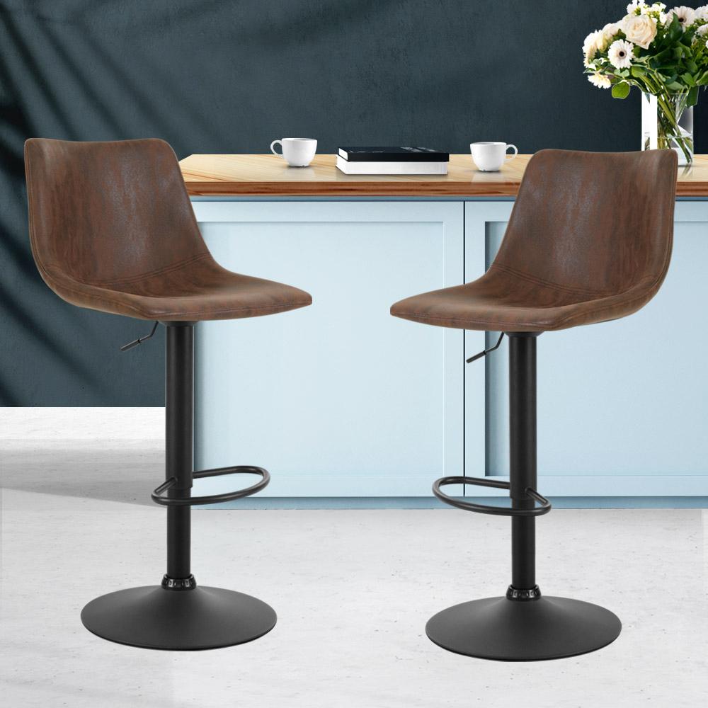 Furniture > Bar Stools & Chairs - Artiss Set Of 2 Bar Stools Gas Lift PU Leather- Brown