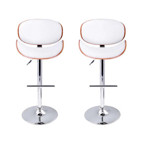 Furniture > Bar Stools & Chairs - Artiss Set Of 2 Wooden PU Leather Gas Lift Bar Stools - Chrome And White