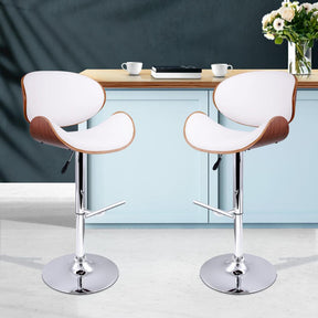 Furniture > Bar Stools & Chairs - Artiss Set Of 2 Wooden PU Leather Gas Lift Bar Stools - Chrome And White