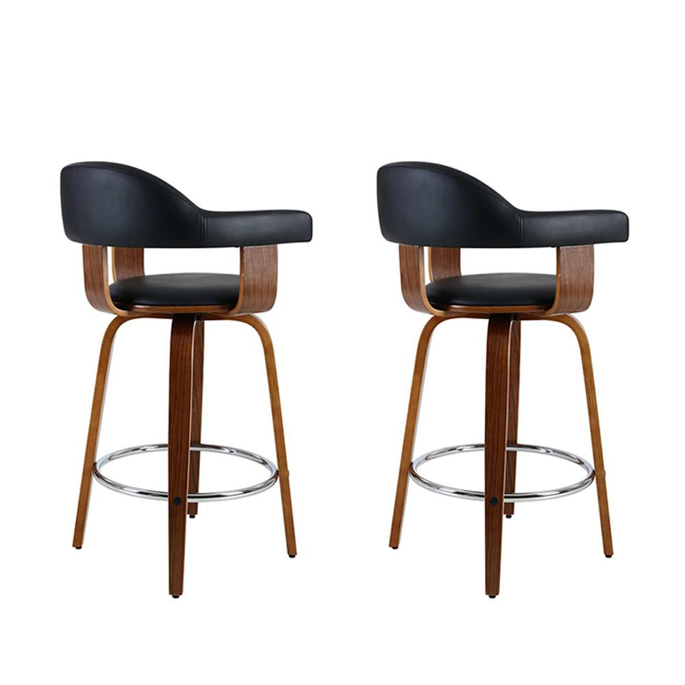 Furniture > Bar Stools & Chairs - Artiss Set Of 2 Bar Stools PU Leather Wooden Swivel - Wood, Chrome And Black
