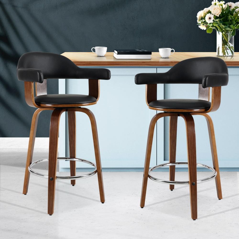 Furniture > Bar Stools & Chairs - Artiss Set Of 2 Bar Stools PU Leather Wooden Swivel - Wood, Chrome And Black