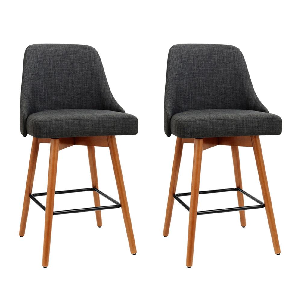 Furniture > Bar Stools & Chairs - Artiss Set Of 2 Wooden Fabric Bar Stools Square Footrest - Charcoal