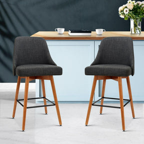 Furniture > Bar Stools & Chairs - Artiss Set Of 2 Wooden Fabric Bar Stools Square Footrest - Charcoal