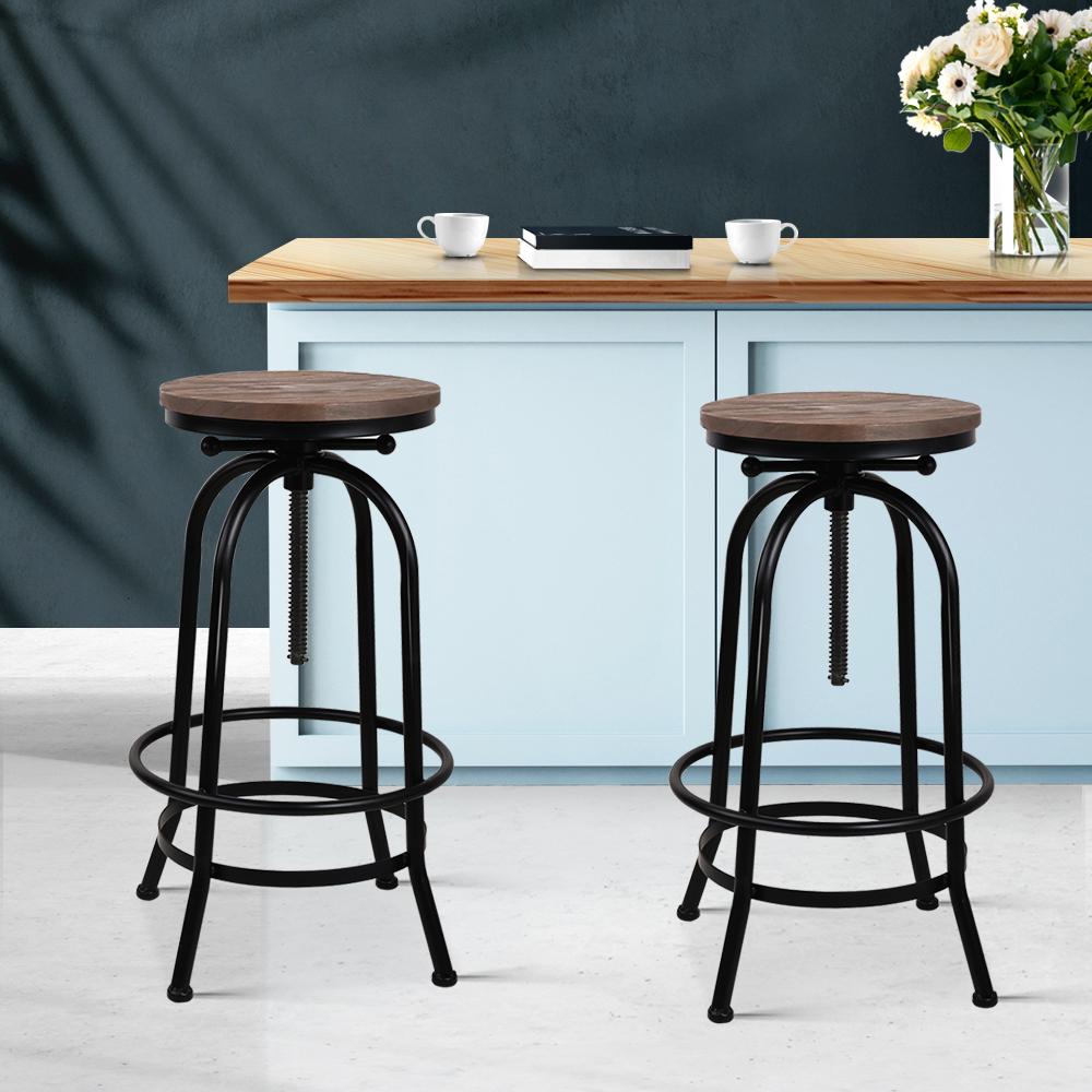 Furniture > Bar Stools & Chairs - Artiss Set Of 2 Bar Stool Industrial Round Seat Wood Metal - Black And Brown