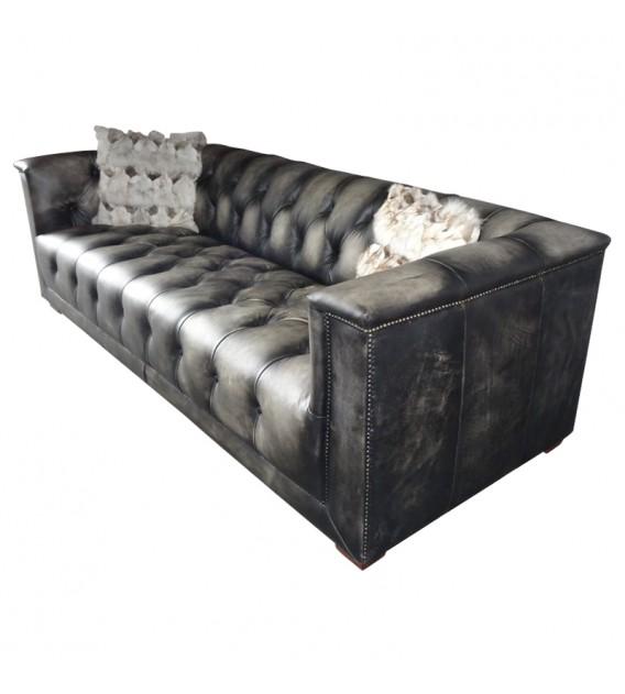 SOFAS & LOUNGE SUITES - Dark Knight Distressed Black Leather Chesterfield Lounge – 3 Seat