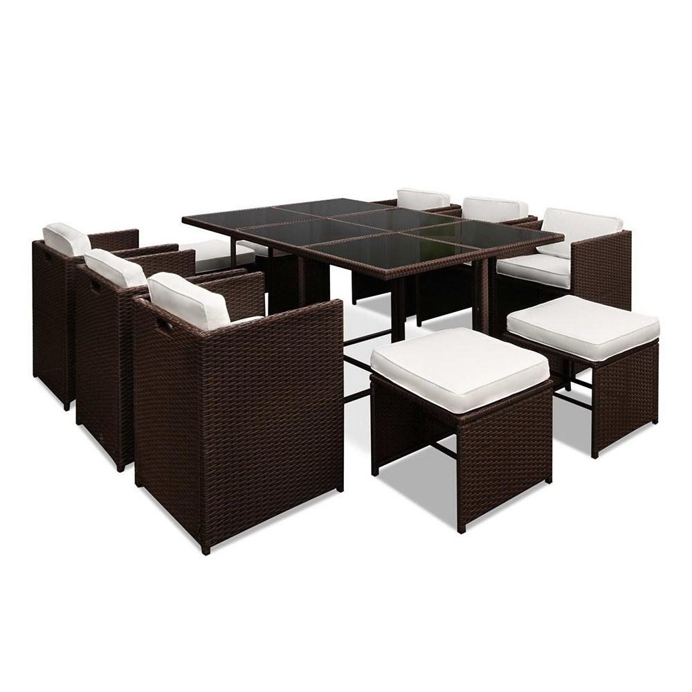 Furniture > Dining - Gardeon 11 Piece PE Wicker Outdoor Dining Set - Brown & White