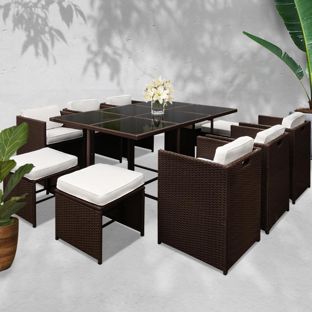 Furniture > Dining - Gardeon 11 Piece PE Wicker Outdoor Dining Set - Brown & White