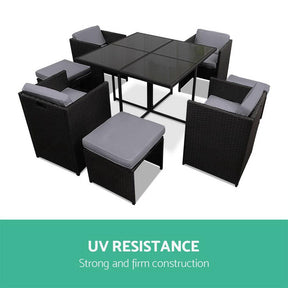 Furniture > Dining - Gardeon 9 Piece Wicker Outdoor Dining Set - Black & Grey