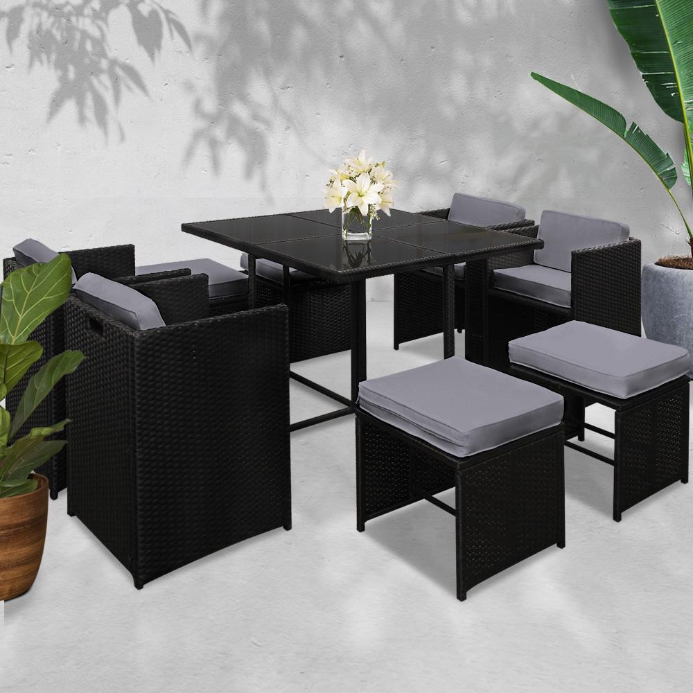 Furniture > Dining - Gardeon 9 Piece Wicker Outdoor Dining Set - Black & Grey