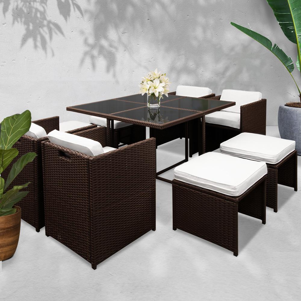 Furniture > Dining - Gardeon 9 Piece Wicker Outdoor Dining Set - Brown & White