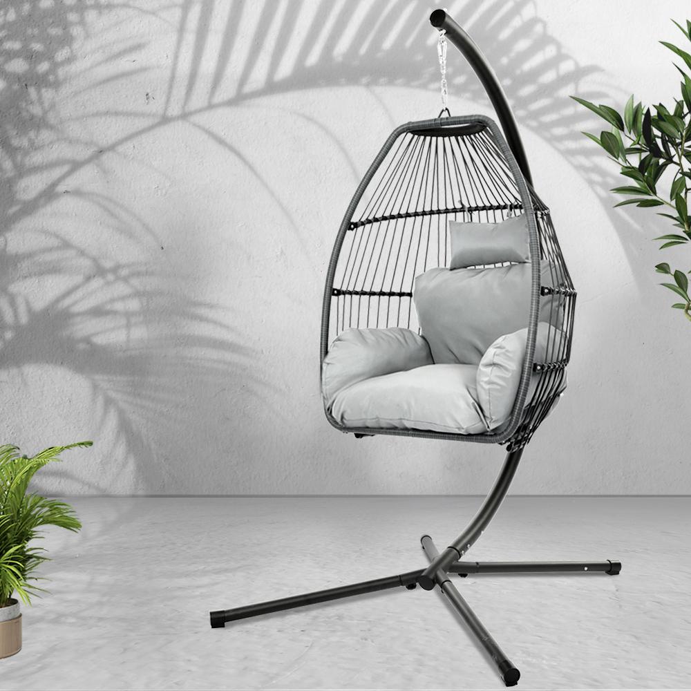 Furniture > Outdoor - Gardeon Outdoor Furniture Egg Hammock Hanging Swing Chair Stand Pod Wicker Grey