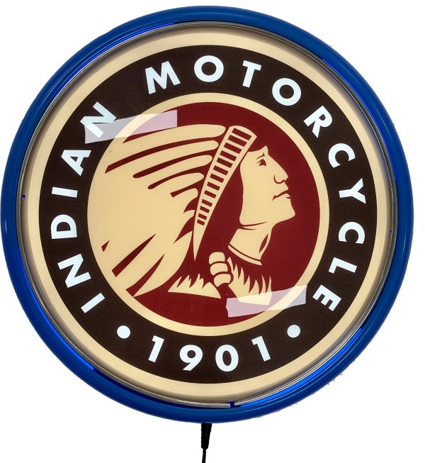 Beer Brand Signs - Indian Motorcycle 1901 LED Bar Lighting Wall Sign Light Button LIGHT BLUE