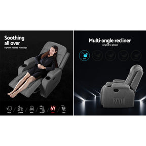 Health & Beauty > Massage - Artiss Recliner Chair Electric Massage Chair Fabric Lounge Sofa Heated Grey