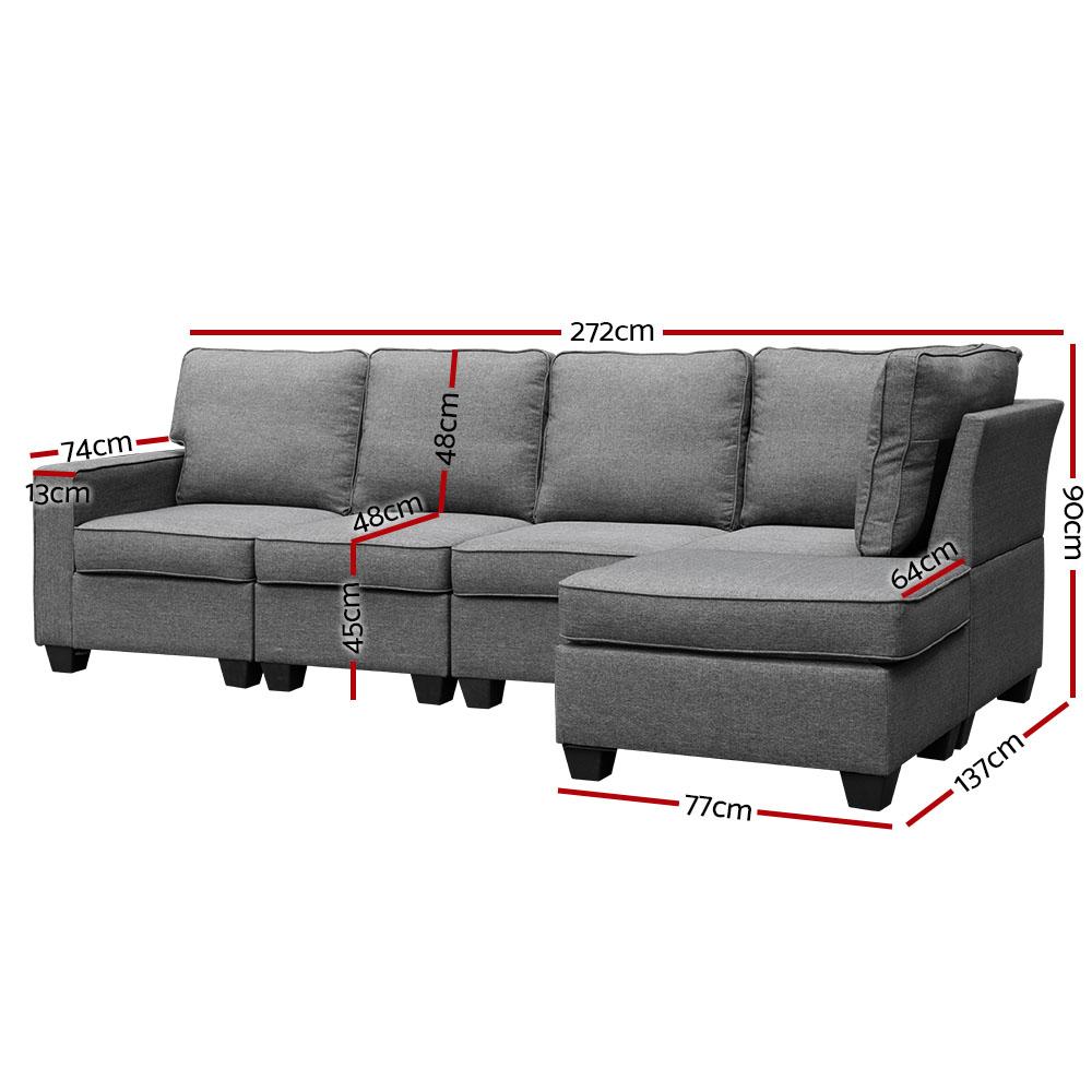 Furniture > Sofas - Artiss Sofa Lounge Set 5 Seater Modular Chaise Chair Suite Couch Fabric Grey
