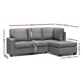 Furniture > Sofas - Artiss Sofa Lounge Set 4 Seater Modular Chaise Chair Suite Couch Fabric Grey
