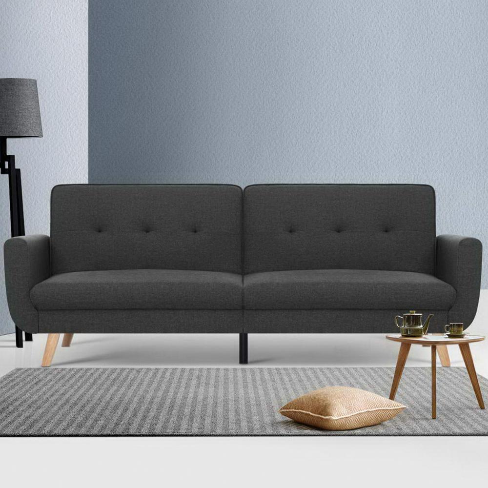 Furniture > Sofas - Artiss Sofa Bed Lounge Set Couch Futon 3 Seater Fabric Reliner 197cm Dark Grey