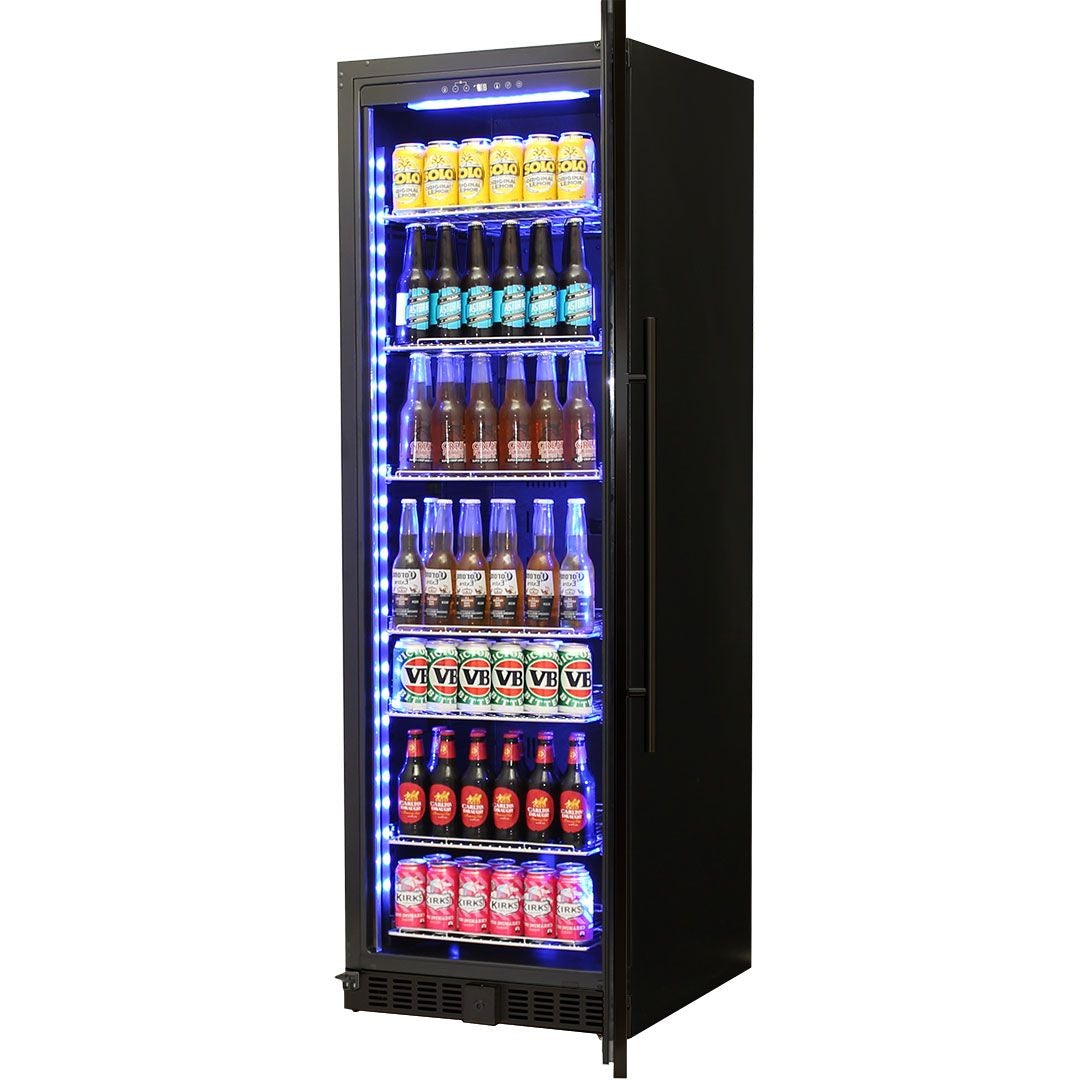 Bar Fridge - Schmick Black Upright Glass Door Drinks Refrigerator Model BD425RB-B Right Hinged