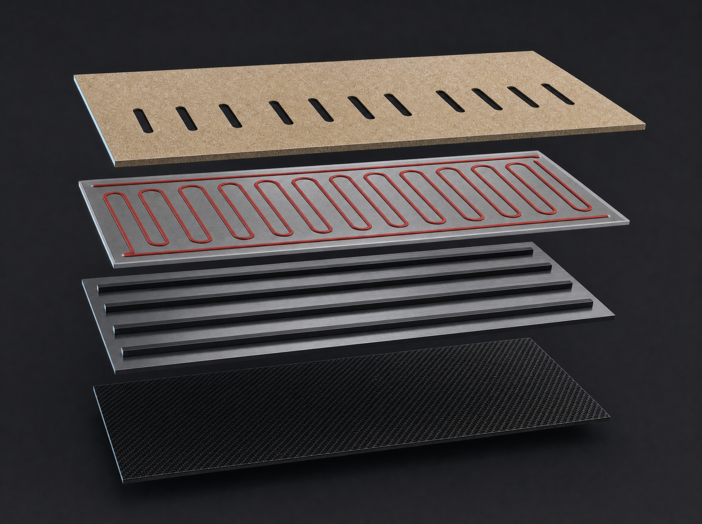 Exploded view of the carbon-mica sauna panel layers
