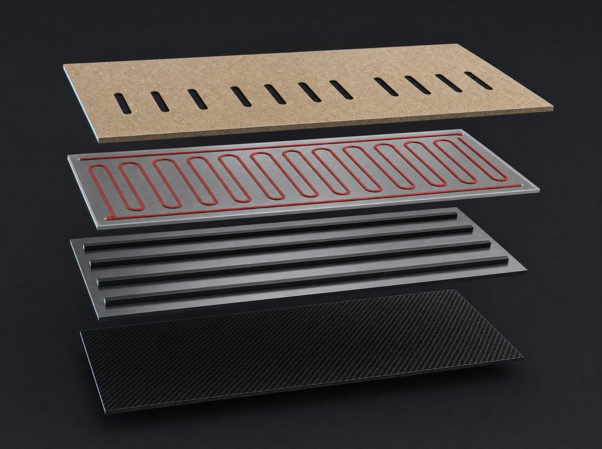 Exploded view of the carbon-mica sauna panel layers